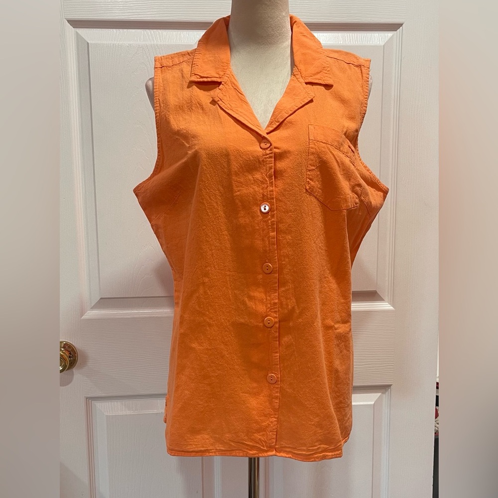 Basic Editions Orange Sleeveless Fitted Button Down Shirt